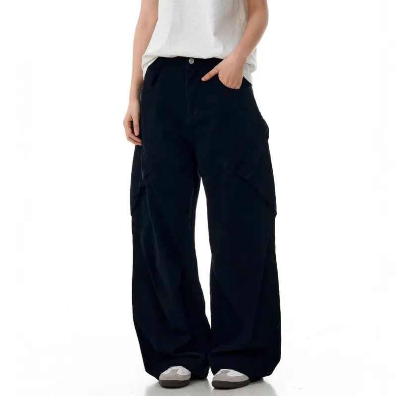 IEFB Pleated Design Men Cargo Trousers Solid Color Side Pockets Straight American Style Wide Leg Loose Male Pants Summer 9W2250