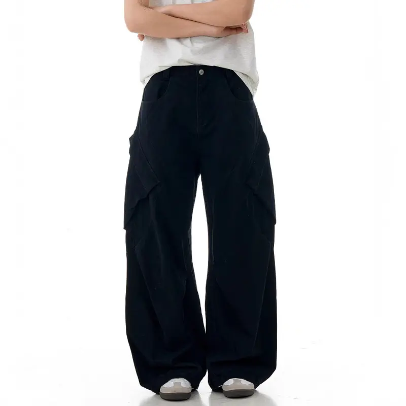 IEFB Pleated Design Men Cargo Trousers Solid Color Side Pockets Straight American Style Wide Leg Loose Male Pants Summer 9W2250
