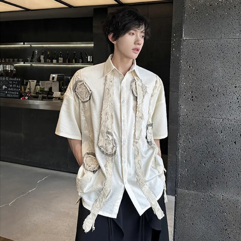 IEFB Three-dimensional Flowers Design Men's Shirt Lapel Chic Single Breasted Contrast Color Ribbon Short Sleeved Male Top 9W2770