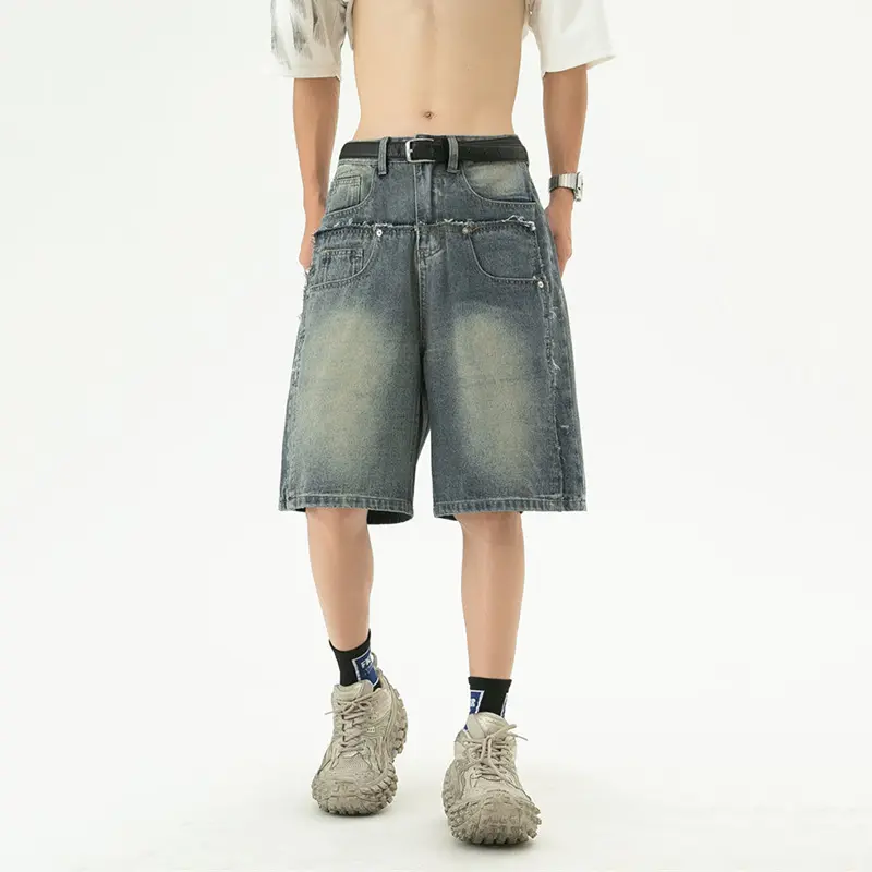 IEFB New Summer Men's Jeans Wahsing Contrast Color Patchwork Raw Edge Loose Straight Leg Fashion Summer Male Denim Shorts 9W3839
