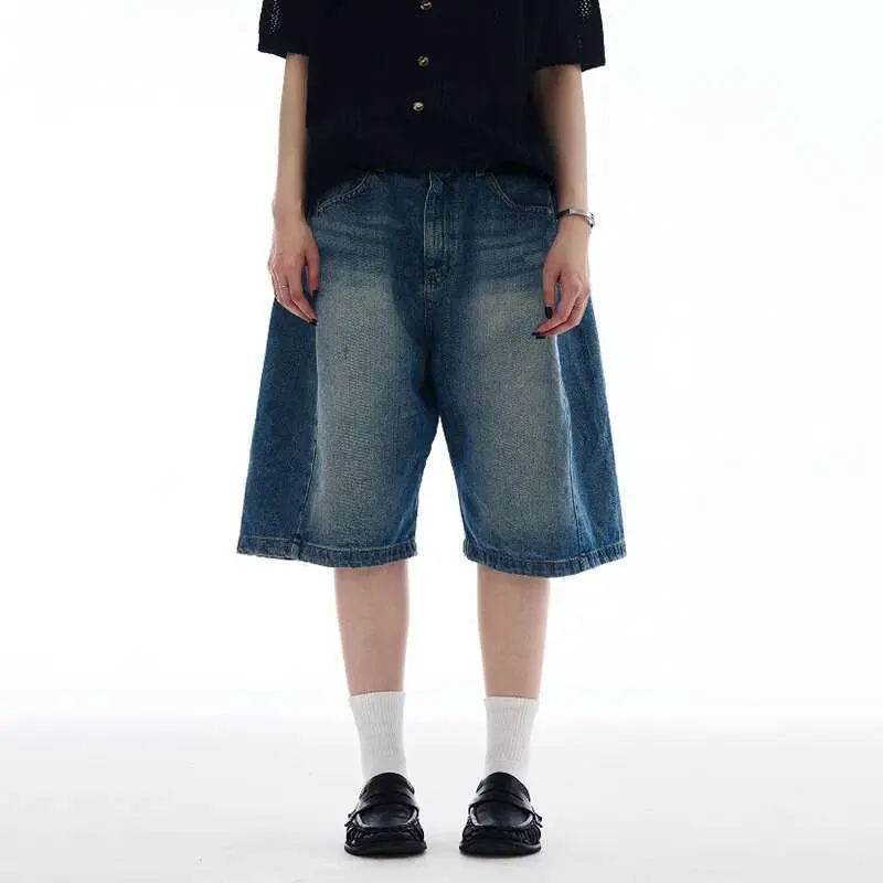 IEFB New Fashion Men's Denim Shorts Solid Color Free Draping American Style Jeans Straight Wide Leg Loose Male Bottom 9W2521