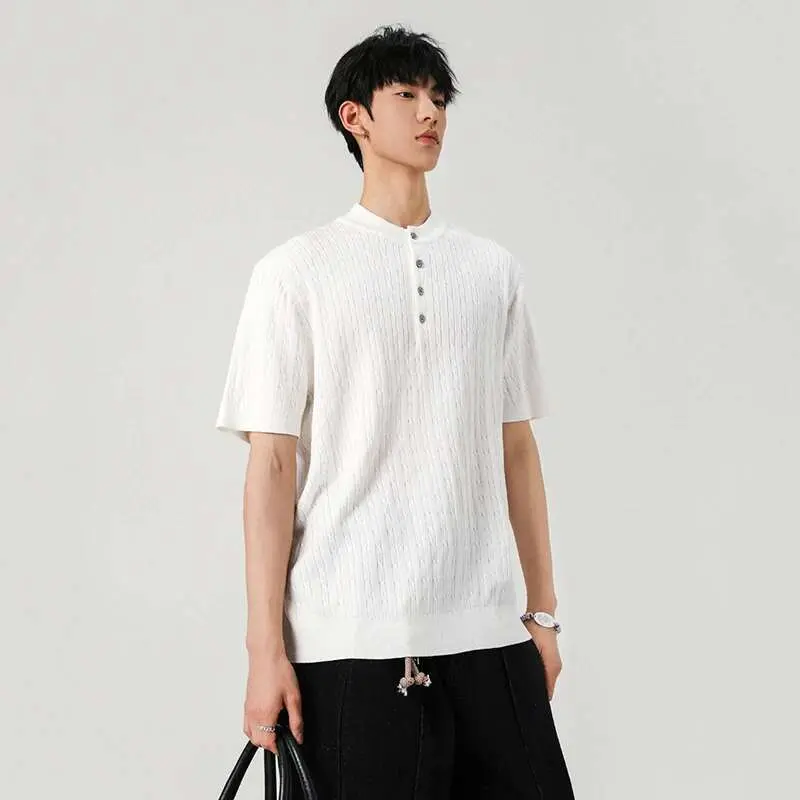 IEFB Men's T-shirts New Summer Fashion Male Multi Buttons Solid Color Round Neck Shourt Sleeves Trendy Clothing 2025 9W1385