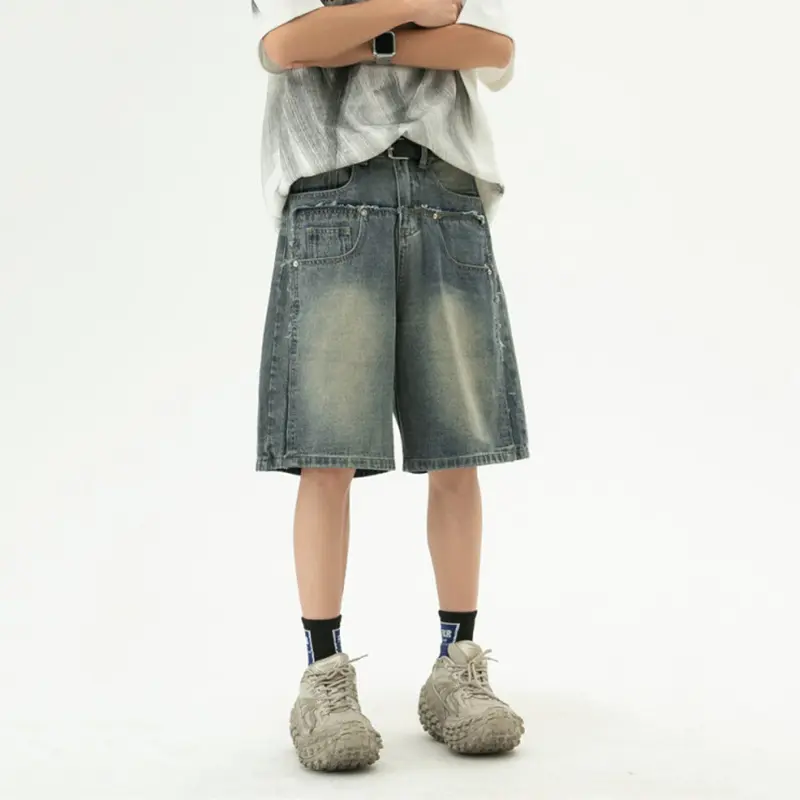 IEFB New Summer Men's Jeans Wahsing Contrast Color Patchwork Raw Edge Loose Straight Leg Fashion Summer Male Denim Shorts 9W3839