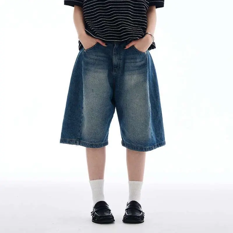 IEFB New Fashion Men's Denim Shorts Solid Color Free Draping American Style Jeans Straight Wide Leg Loose Male Bottom 9W2521
