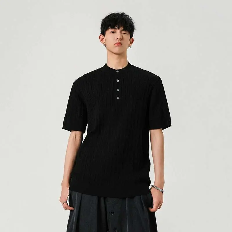 IEFB Men's T-shirts New Summer Fashion Male Multi Buttons Solid Color Round Neck Shourt Sleeves Trendy Clothing 2025 9W1385