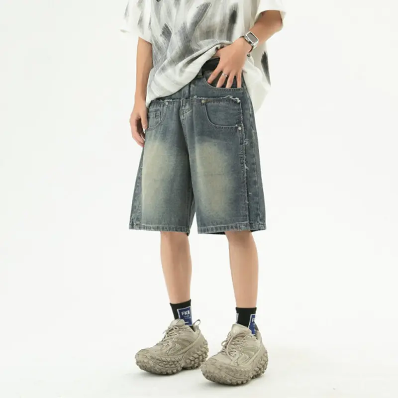 IEFB New Summer Men's Jeans Wahsing Contrast Color Patchwork Raw Edge Loose Straight Leg Fashion Summer Male Denim Shorts 9W3839