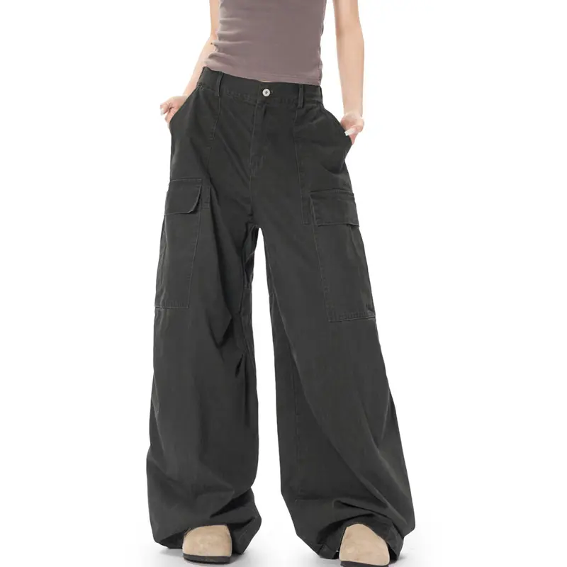 IEFB Men's Cargo Pants New American Style Straight Wide Leg Stylish Solid Color Multi Pockets Trendy Male Causal Bottoms 9W1930