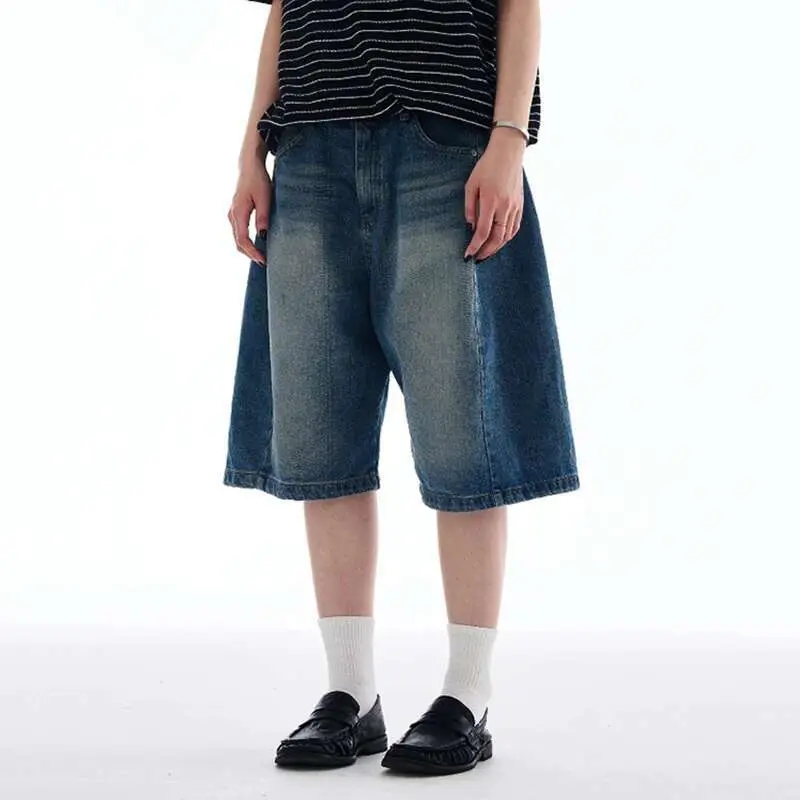 IEFB New Fashion Men's Denim Shorts Solid Color Free Draping American Style Jeans Straight Wide Leg Loose Male Bottom 9W2521