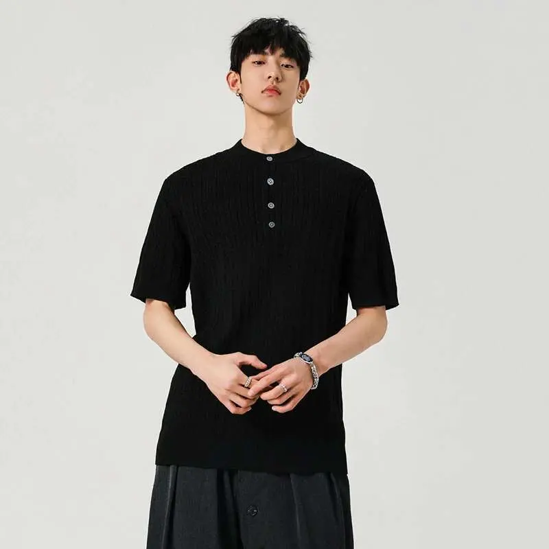 IEFB Men's T-shirts New Summer Fashion Male Multi Buttons Solid Color Round Neck Shourt Sleeves Trendy Clothing 2025 9W1385