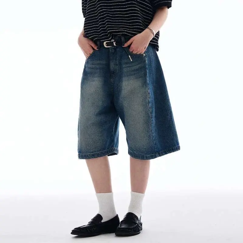 IEFB New Fashion Men's Denim Shorts Solid Color Free Draping American Style Jeans Straight Wide Leg Loose Male Bottom 9W2521