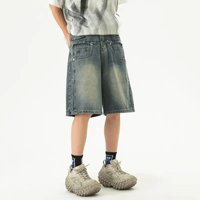 IEFB New Summer Men's Jeans Wahsing Contrast Color Patchwork Raw Edge Loose Straight Leg Fashion Summer Male Denim Shorts 9W3839