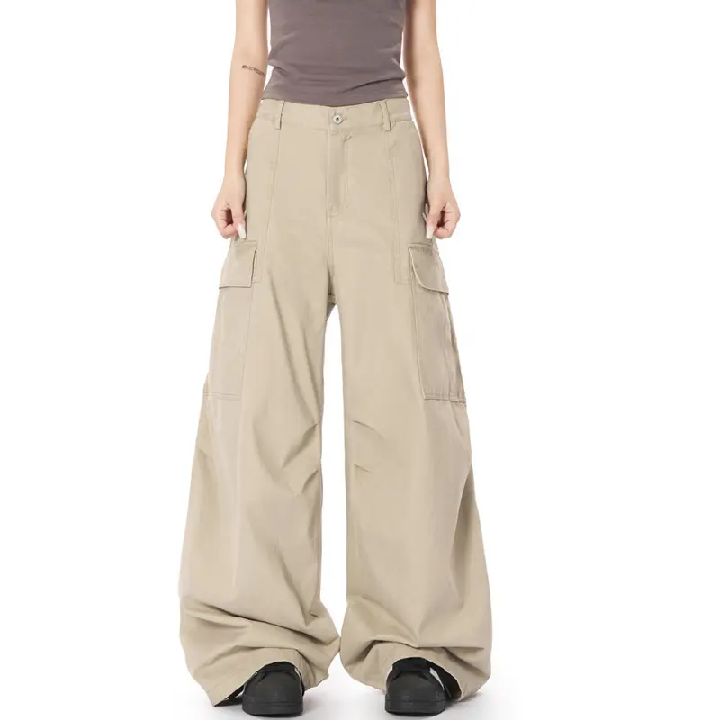 IEFB Men's Cargo Pants New American Style Straight Wide Leg Stylish Solid Color Multi Pockets Trendy Male Causal Bottoms 9W1930