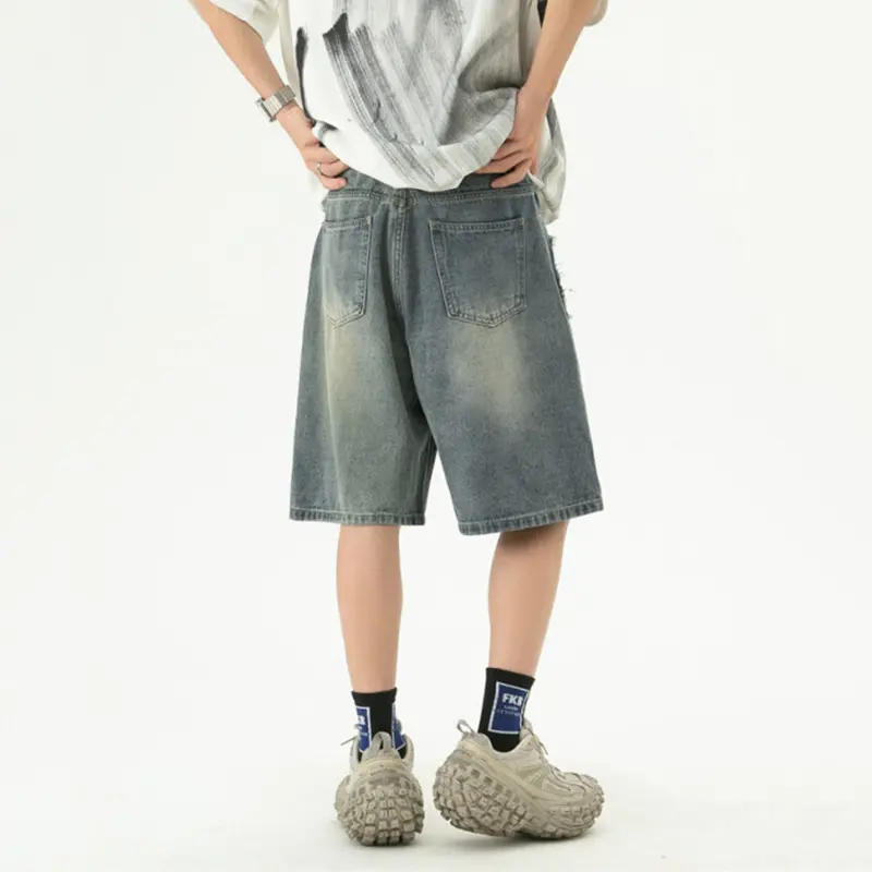 IEFB New Summer Men's Jeans Wahsing Contrast Color Patchwork Raw Edge Loose Straight Leg Fashion Summer Male Denim Shorts 9W3839