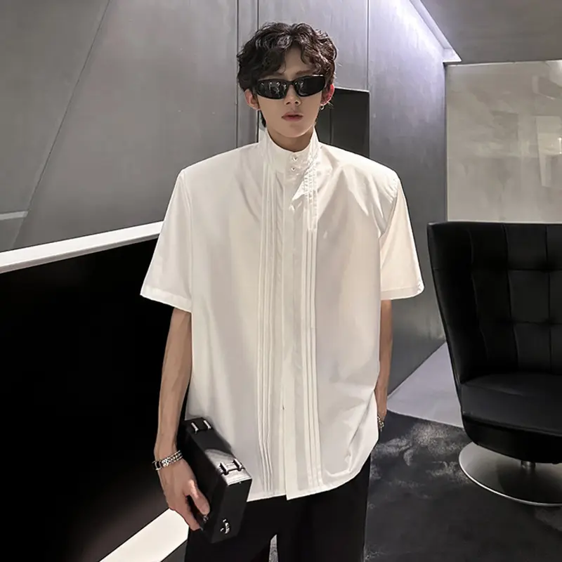IEFB Summer Solid Color Male Shirt Short Sleeve Standing Collar Buttoned Pearl Shoulder Pads Design Pleated Men Shirts 9W3731