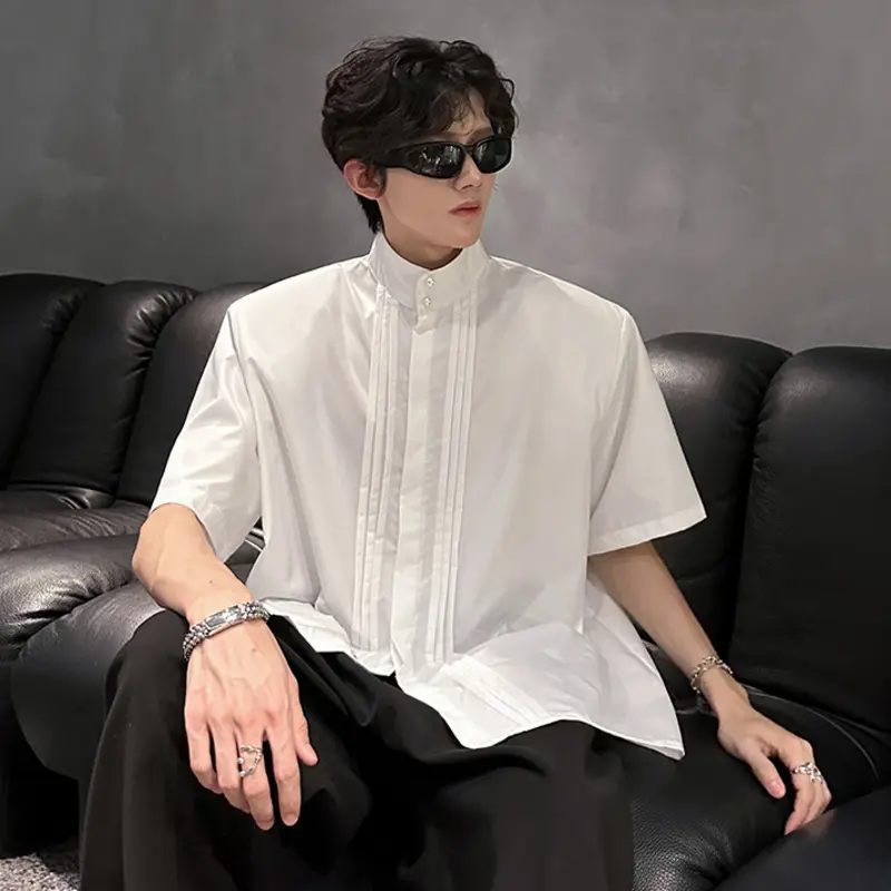 IEFB Summer Solid Color Male Shirt Short Sleeve Standing Collar Buttoned Pearl Shoulder Pads Design Pleated Men Shirts 9W3731