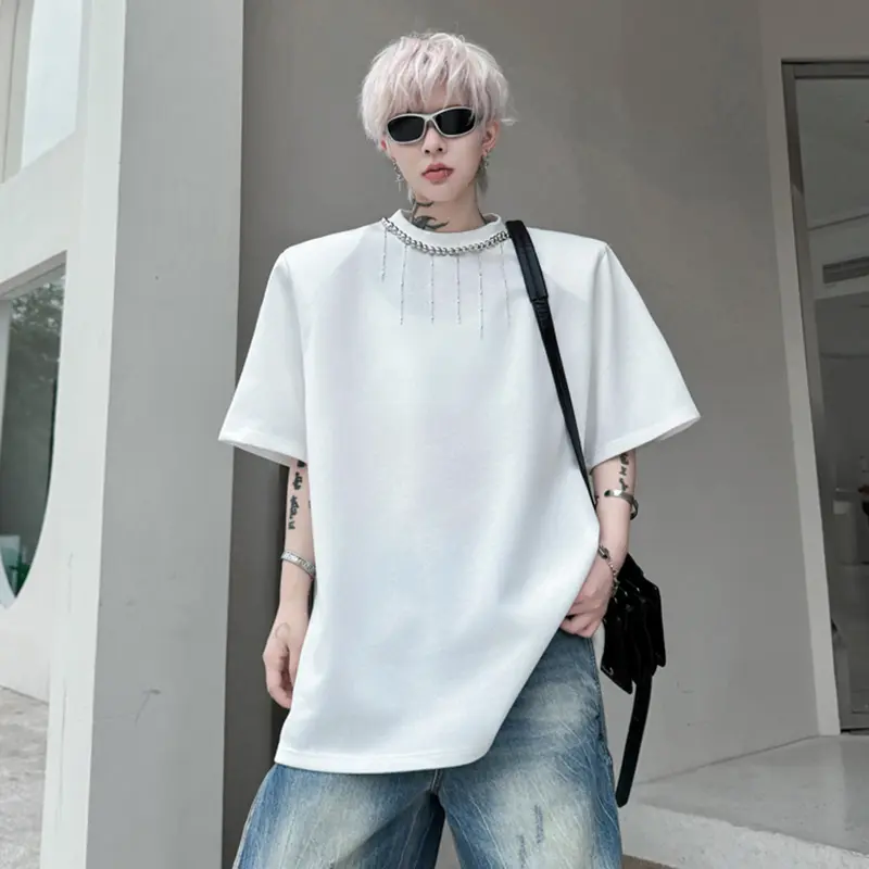 IEFB Korean Style Men's T-shirts O-neck Solid Color New Metal Beading Casual Menswear Short Sleeve Loose Male Tees Summer 9W2601