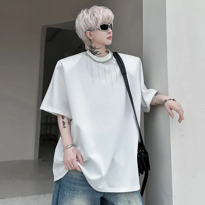 IEFB Korean Style Men's T-shirts O-neck Solid Color New Metal Beading Casual Menswear Short Sleeve Loose Male Tees Summer 9W2601