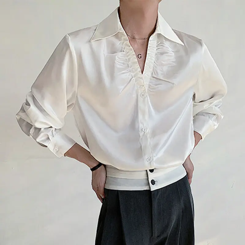 IEFB Men's Shirts Long Sleeve New Summer Male Turn-down Collar Trendy Pleated Solid Color Handsome Single Breasted Top 9W1699