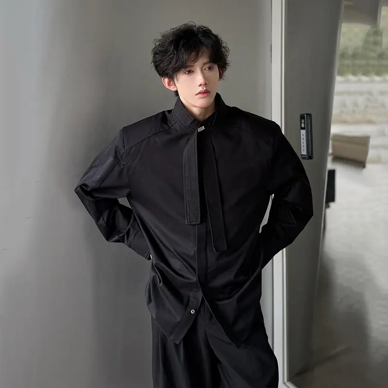 IEFB Men's Shirts Long Sleeve New Summer Korean Style Personalized Ribbon Design Turn-down Collar Solid Color Male Top 9W1753