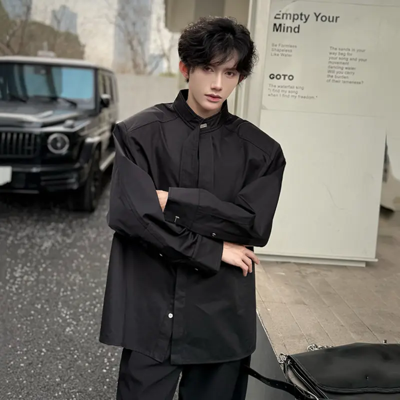 IEFB Men's Shirts Long Sleeve New Summer Korean Style Personalized Ribbon Design Turn-down Collar Solid Color Male Top 9W1753