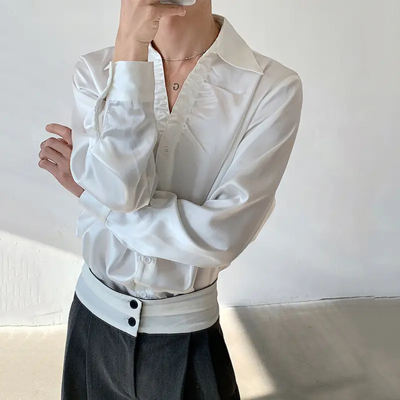 IEFB Men's Shirts Long Sleeve New Summer Male Turn-down Collar Trendy Pleated Solid Color Handsome Single Breasted Top 9W1699