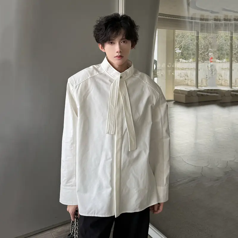 IEFB Men's Shirts Long Sleeve New Summer Korean Style Personalized Ribbon Design Turn-down Collar Solid Color Male Top 9W1753