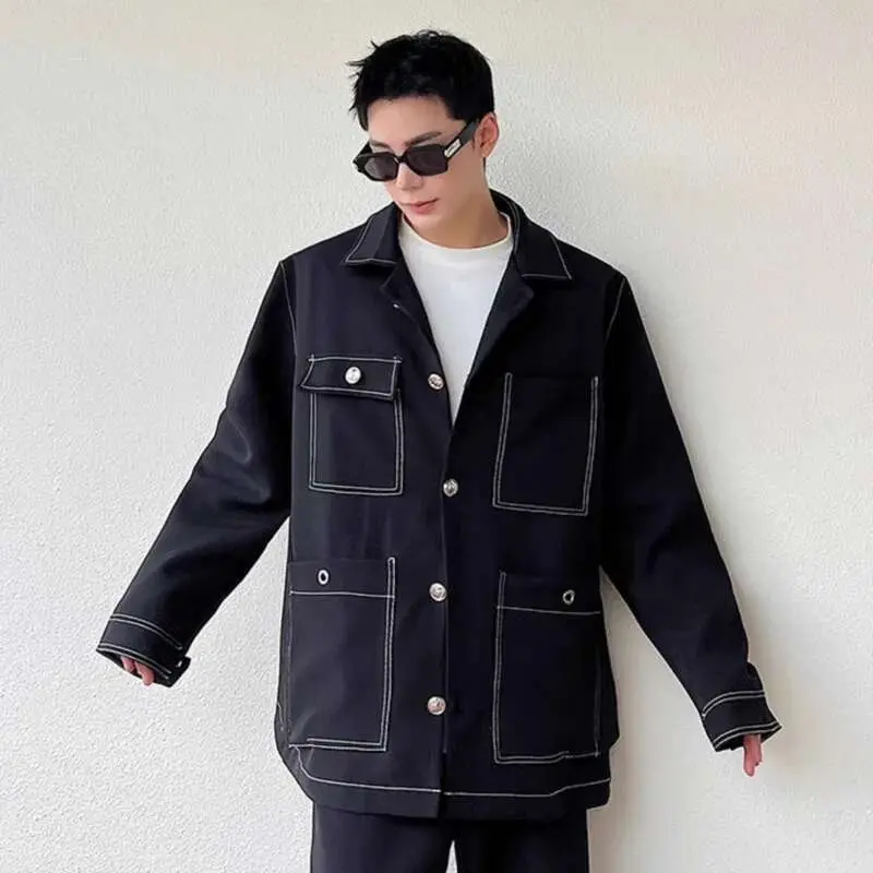 IEFB Men's Jacket New Open Line Solid Color Design Korean Turn-down Collar Multi Pockets Handsome Suit Jackets Spring 9W1520