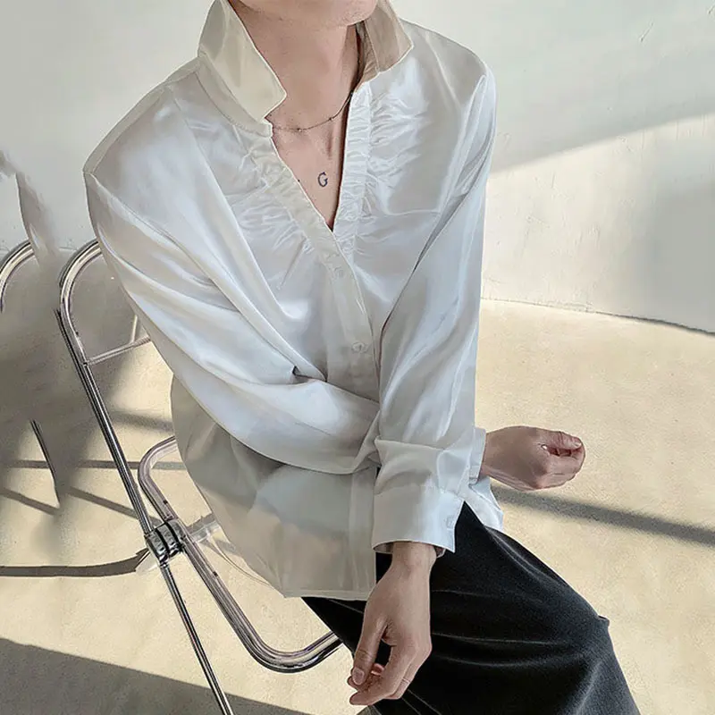 IEFB Men's Shirts Long Sleeve New Summer Male Turn-down Collar Trendy Pleated Solid Color Handsome Single Breasted Top 9W1699
