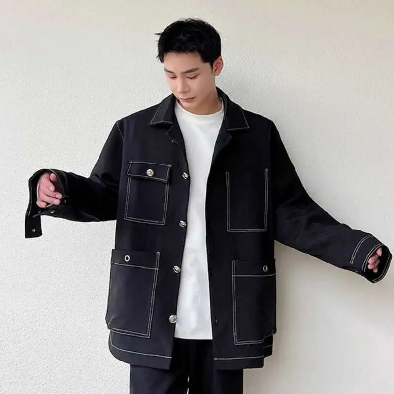 IEFB Men's Jacket New Open Line Solid Color Design Korean Turn-down Collar Multi Pockets Handsome Suit Jackets Spring 9W1520