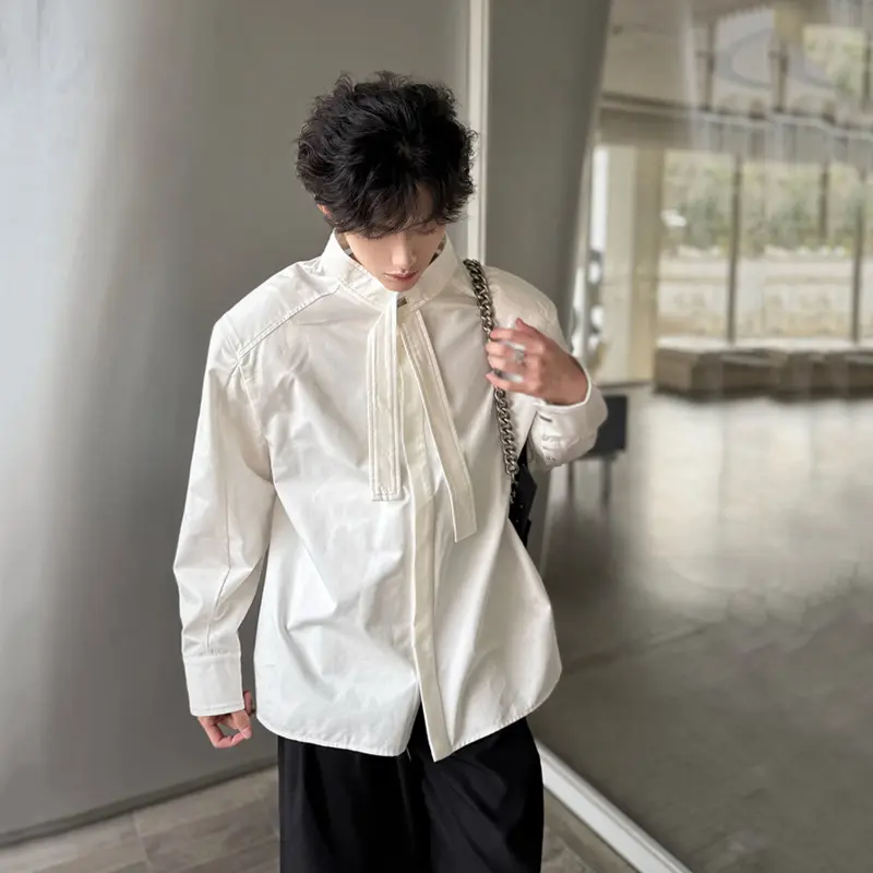 IEFB Men's Shirts Long Sleeve New Summer Korean Style Personalized Ribbon Design Turn-down Collar Solid Color Male Top 9W1753