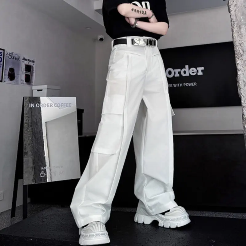 IEFB New American Men's Cargo Pants Loose Straight Wide Leg Trendy Solid Color Multi Pockets Stylish Male Bottoms Summer 9W2013