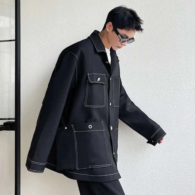IEFB Men's Jacket New Open Line Solid Color Design Korean Turn-down Collar Multi Pockets Handsome Suit Jackets Spring 9W1520