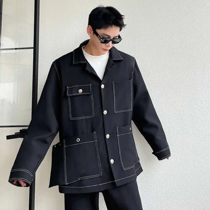 IEFB Men's Jacket New Open Line Solid Color Design Korean Turn-down Collar Multi Pockets Handsome Suit Jackets Spring 9W1520