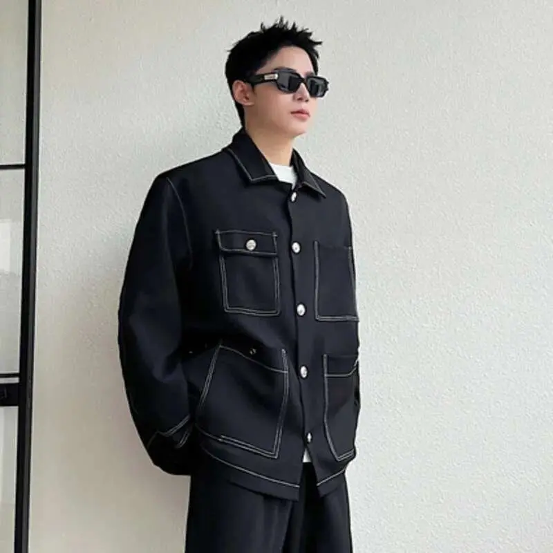 IEFB Men's Jacket New Open Line Solid Color Design Korean Turn-down Collar Multi Pockets Handsome Suit Jackets Spring 9W1520