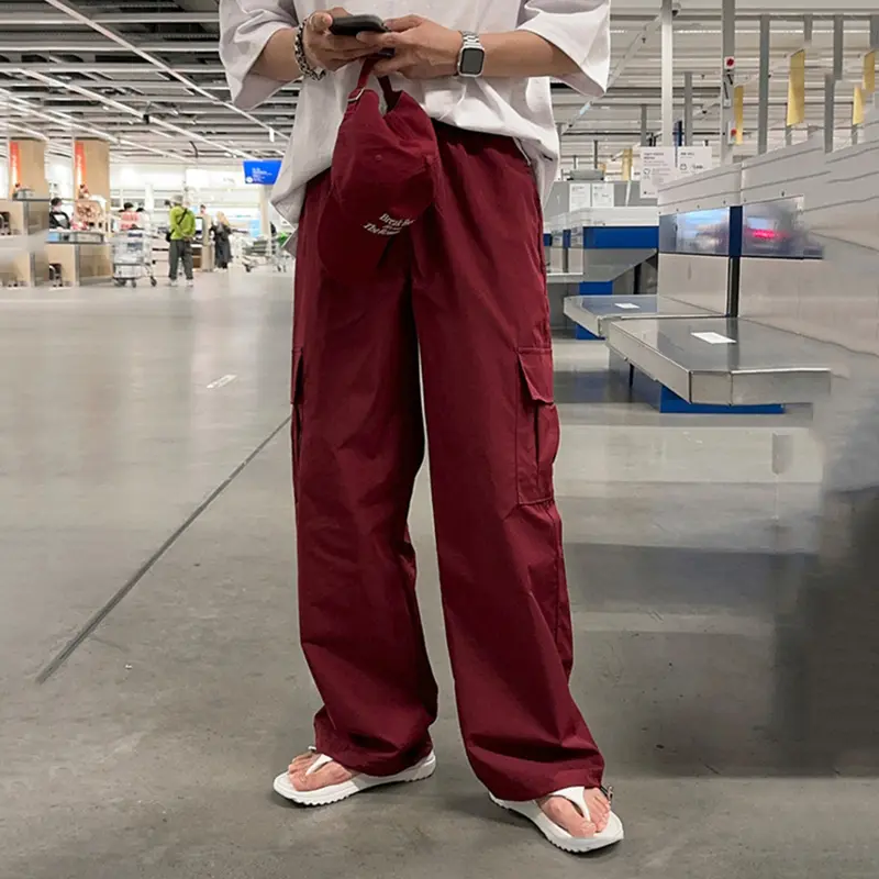 IEFB New Trendy Men's Cargo Pants Drawstring Side Pockets Solid Color Casual Straight Loose Wide Leg Male Trousers Simple 9W2509
