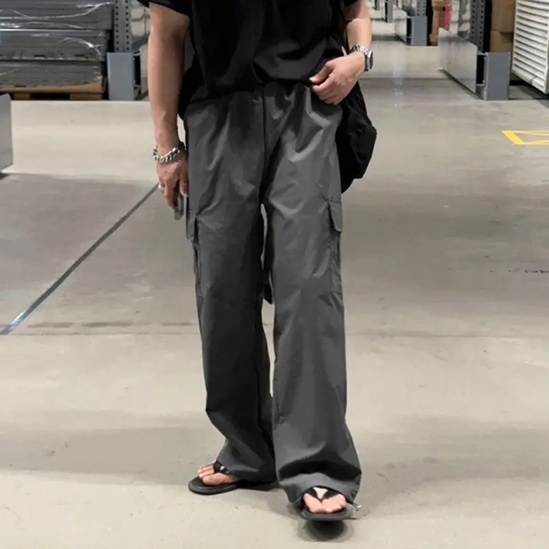 IEFB New Trendy Men's Cargo Pants Drawstring Side Pockets Solid Color Casual Straight Loose Wide Leg Male Trousers Simple 9W2509