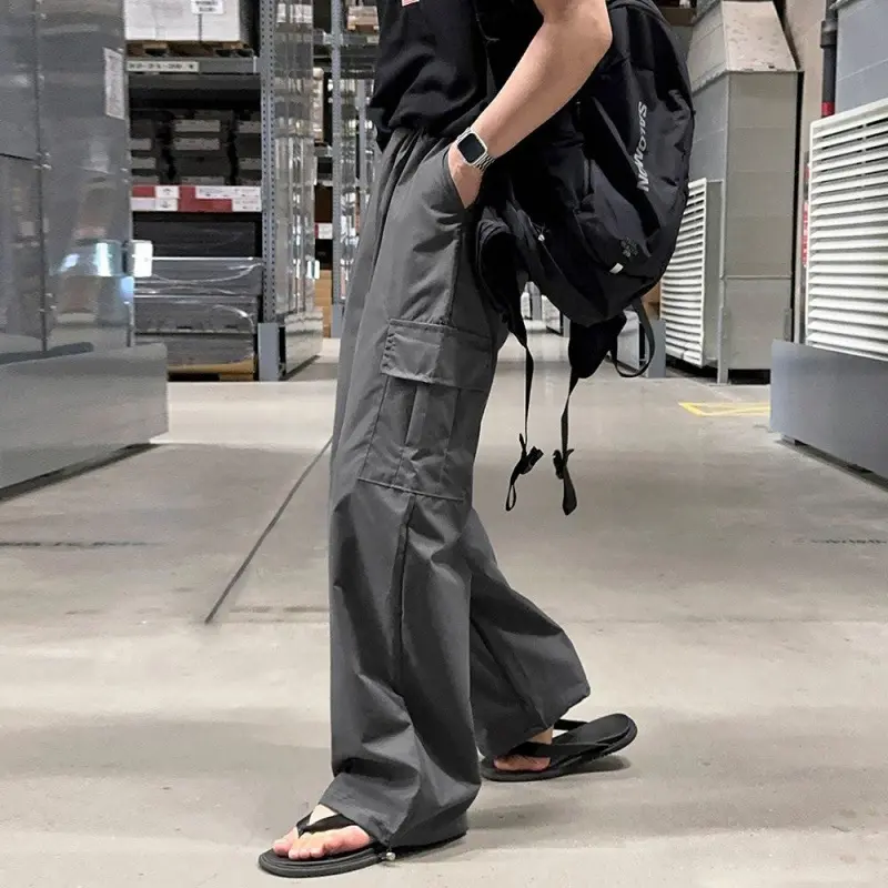 IEFB New Trendy Men's Cargo Pants Drawstring Side Pockets Solid Color Casual Straight Loose Wide Leg Male Trousers Simple 9W2509
