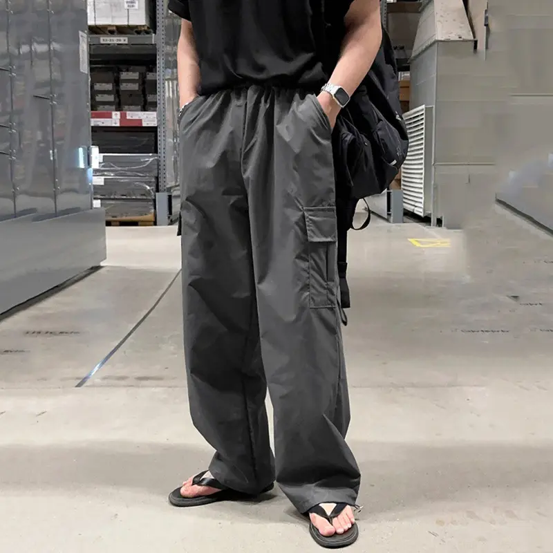 IEFB New Trendy Men's Cargo Pants Drawstring Side Pockets Solid Color Casual Straight Loose Wide Leg Male Trousers Simple 9W2509