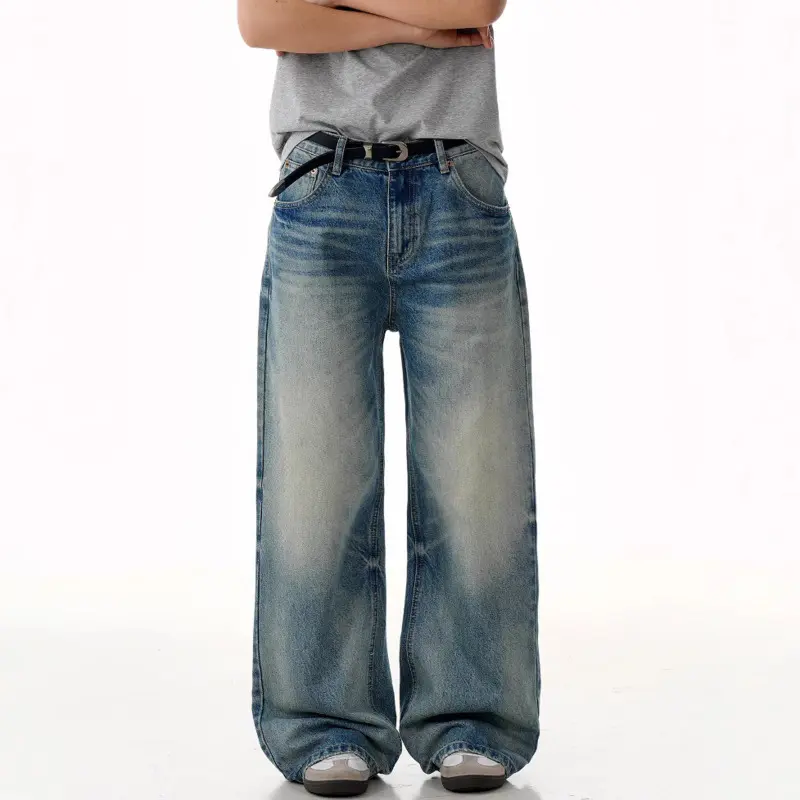 IEFB Moustache Effect Men's Denim Pants Washing Gradient Color Casual American Bottom Cleanfit Summer Male Wide Leg Jeans 9W2970