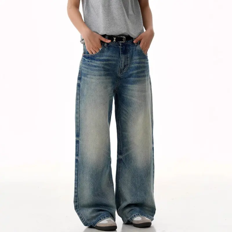 IEFB Moustache Effect Men's Denim Pants Washing Gradient Color Casual American Bottom Cleanfit Summer Male Wide Leg Jeans 9W2970