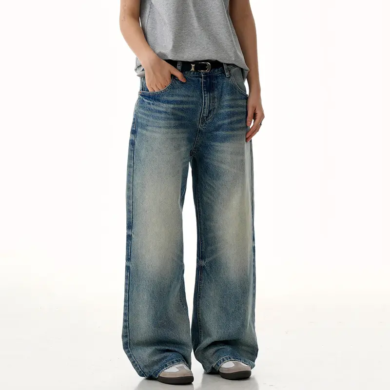 IEFB Moustache Effect Men's Denim Pants Washing Gradient Color Casual American Bottom Cleanfit Summer Male Wide Leg Jeans 9W2970