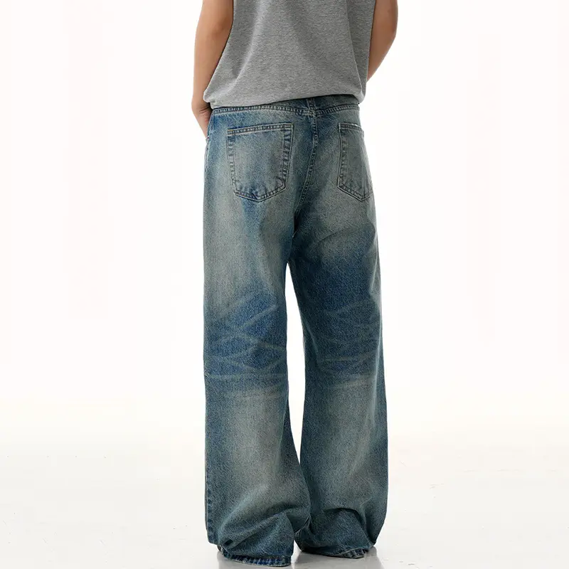 IEFB Moustache Effect Men's Denim Pants Washing Gradient Color Casual American Bottom Cleanfit Summer Male Wide Leg Jeans 9W2970