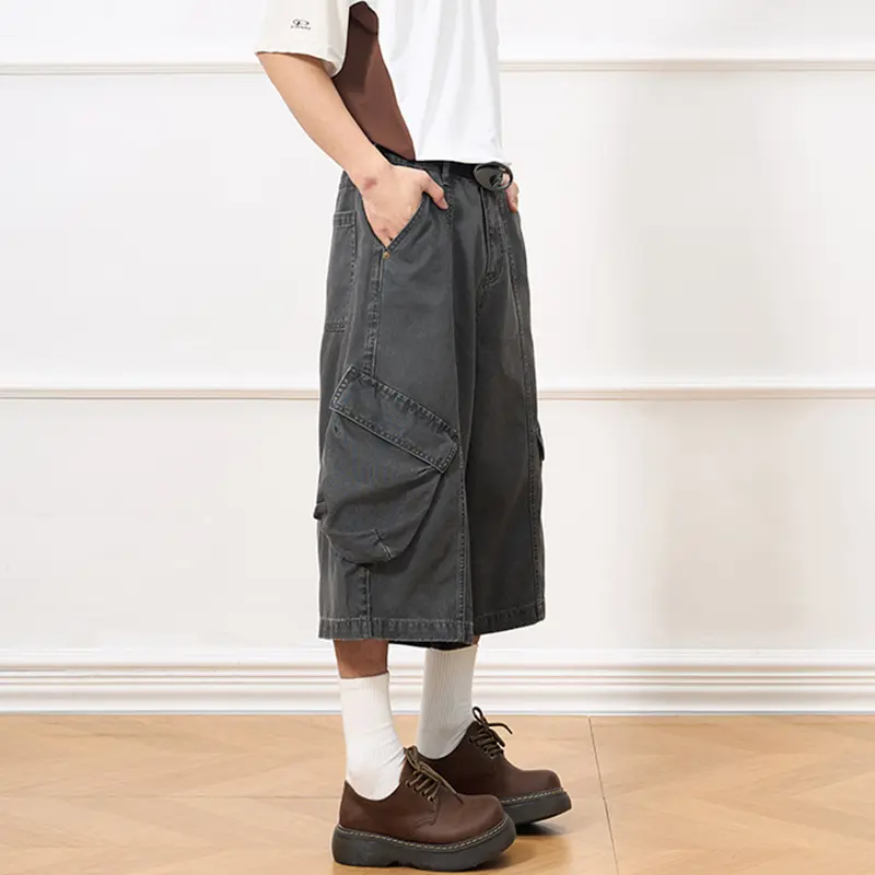 IEFB Men's Cargo Shorts Washed Splicing Design Multi Pockets Straight Leg Stylish New American Style Male Casual Bottoms 9W2030