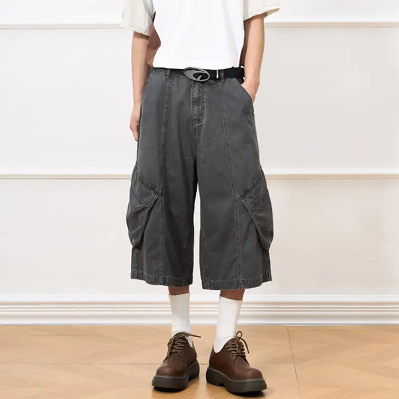IEFB Men's Cargo Shorts Washed Splicing Design Multi Pockets Straight Leg Stylish New American Style Male Casual Bottoms 9W2030