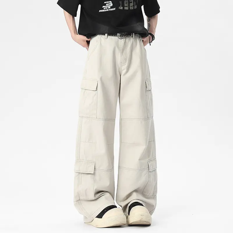 IEFB Men's Casual Pants Washing Draping Solid Color Straight Multi Pockets Washing New Wide Leg Baggy Male Bottom Simple 9W2400