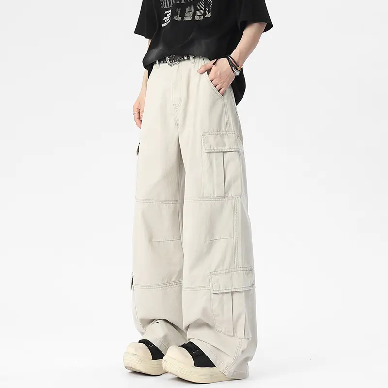IEFB Men's Casual Pants Washing Draping Solid Color Straight Multi Pockets Washing New Wide Leg Baggy Male Bottom Simple 9W2400