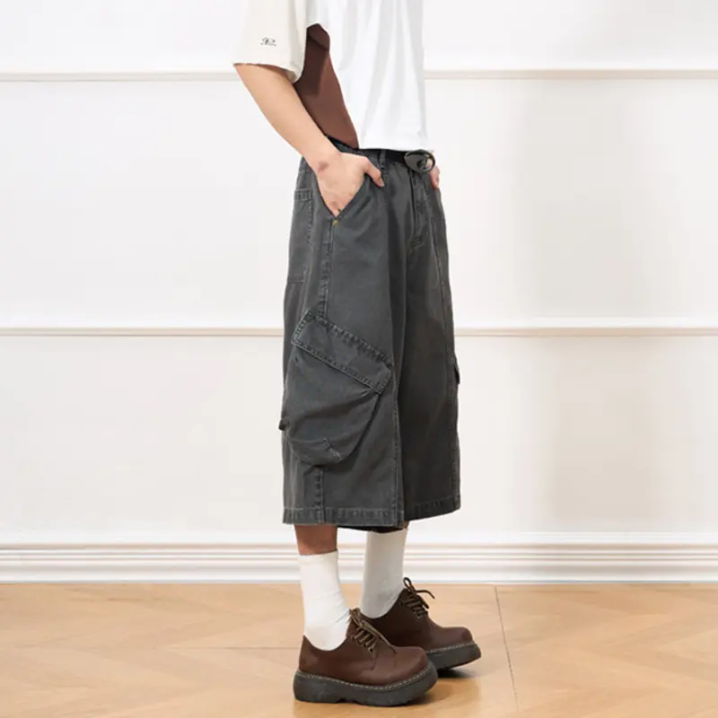 IEFB Men's Cargo Shorts Washed Splicing Design Multi Pockets Straight Leg Stylish New American Style Male Casual Bottoms 9W2030