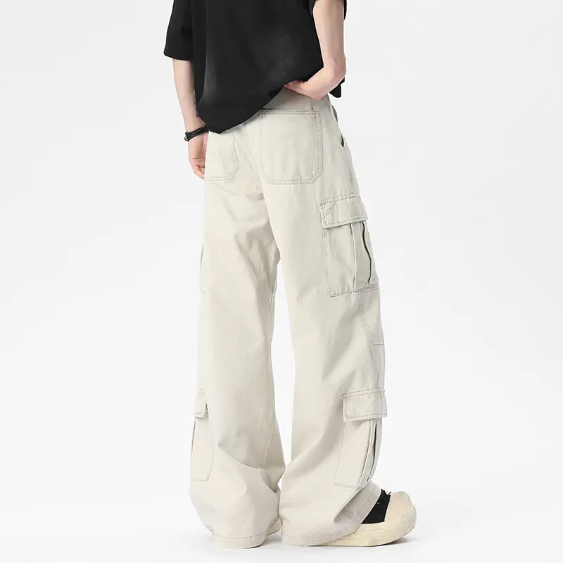 IEFB Men's Casual Pants Washing Draping Solid Color Straight Multi Pockets Washing New Wide Leg Baggy Male Bottom Simple 9W2400
