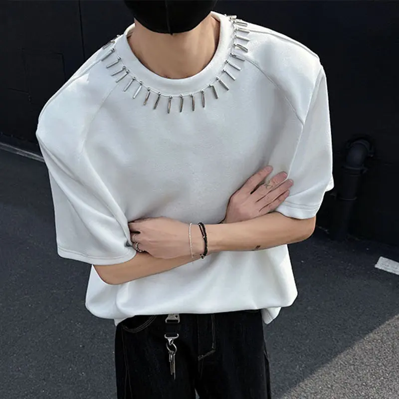 IEFB New Summer Men's T-shirts Short Sleeve Round Collar Trendy Metal Decoration Loose Pad Shoulder Fashion Male Clothing 9W1710
