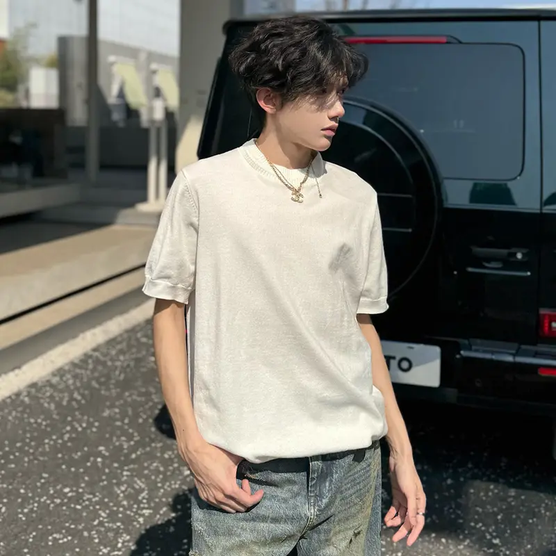 IEFB Men's Short Sleeve T-shirts New Korean Style Summer Half High Collar Weaving Design  Knitted Solid Color Male Tees 9W2184